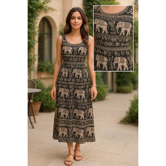 DO RE MI Elephant Print Maxi Dress Sz XS Boho Indie Beachy Vacay Resort Wear - Picture 2 of 9